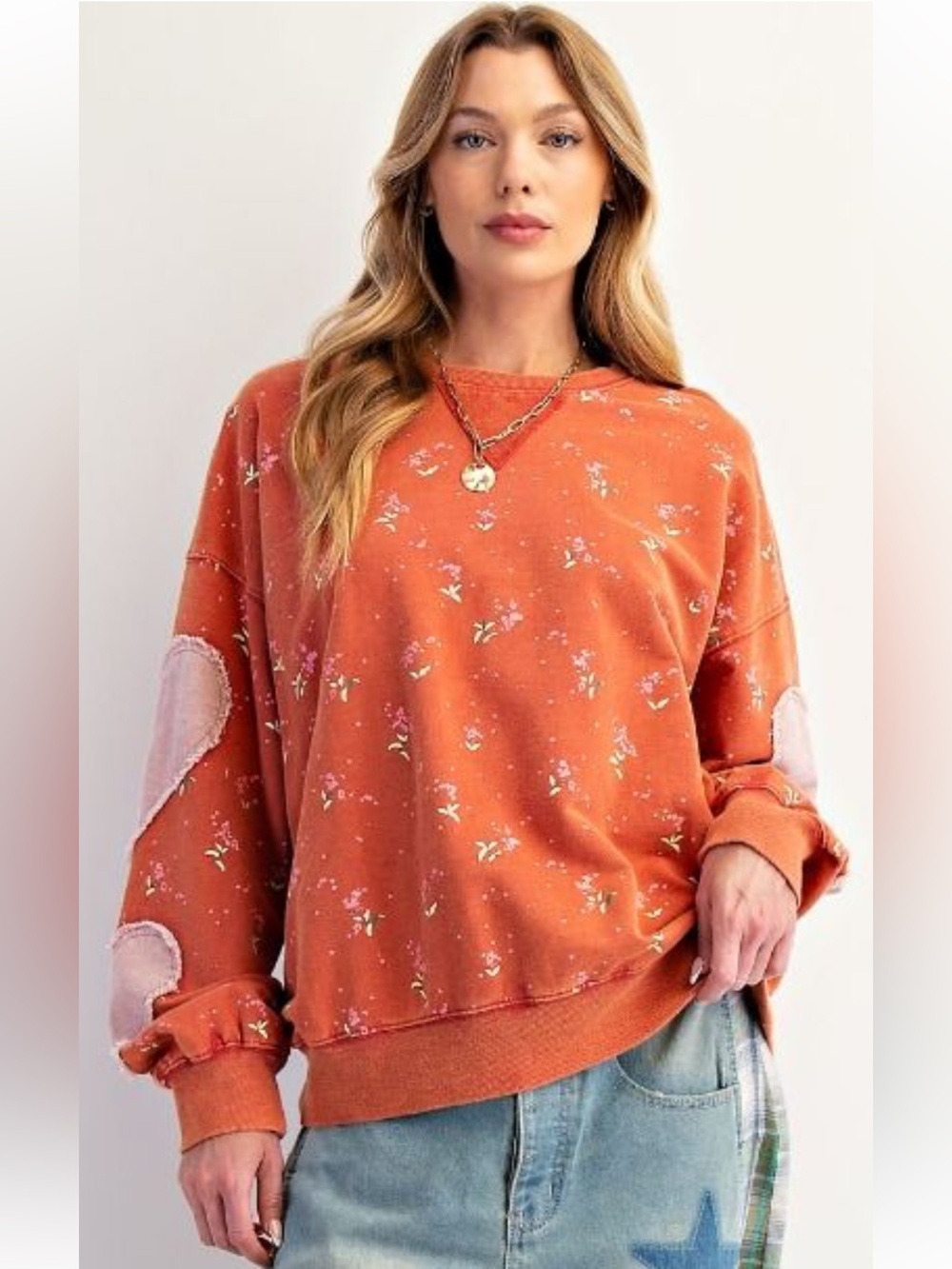 470 EASEL FLORAL HEART PRINTED WASHED TERRY PULLOVER